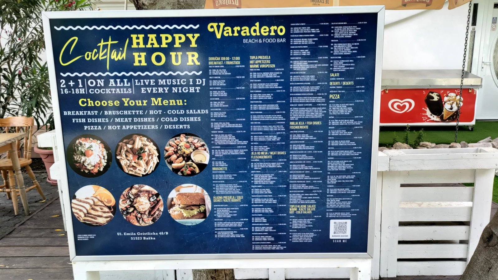 Ceny jídel v restauracích. Baška, Krk, Rijeka. Chorvatsko. (9. 6. 2024)