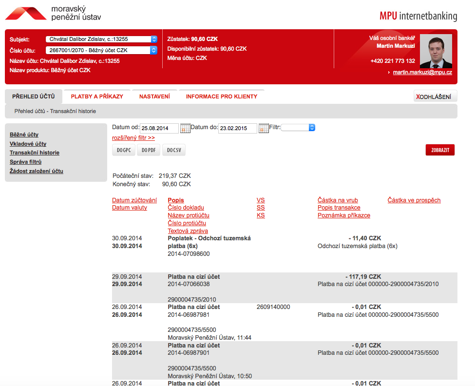 Moravský Peněžní ústav, spořitelní družstvo. Internetové bankovnictví. 25.02.2015