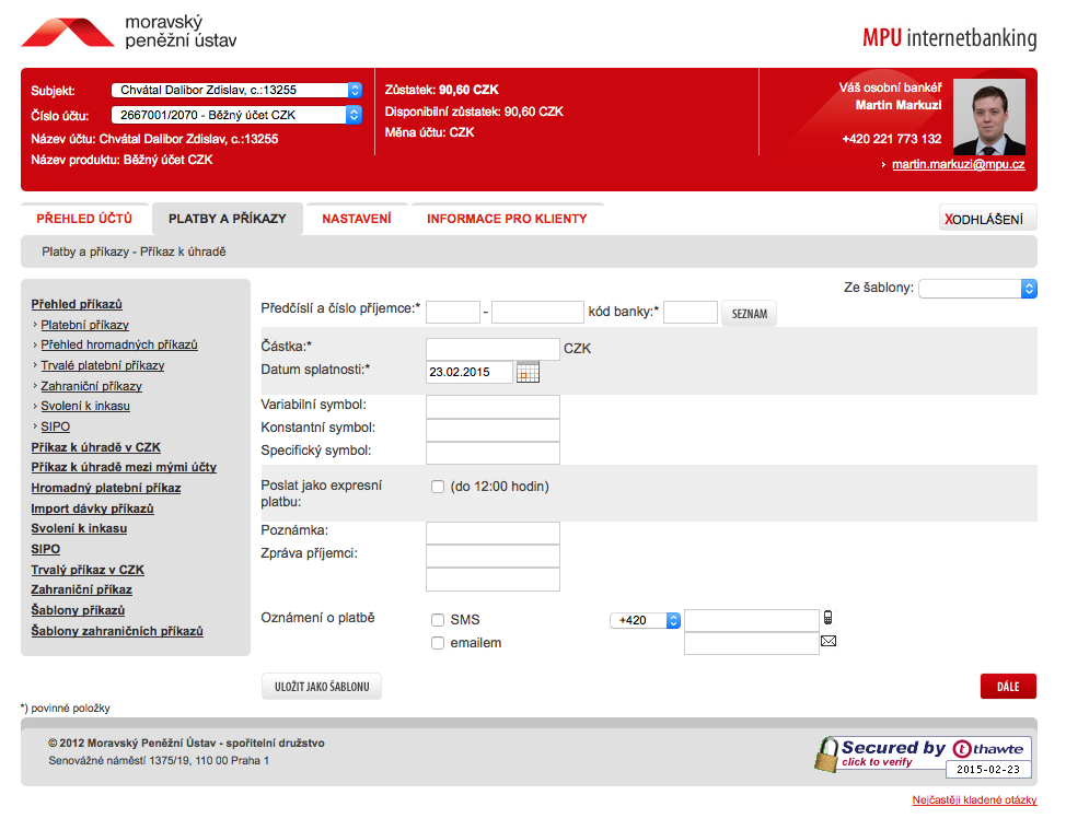 Moravský Peněžní ústav, spořitelní družstvo. Internetové bankovnictví. 25.02.2015