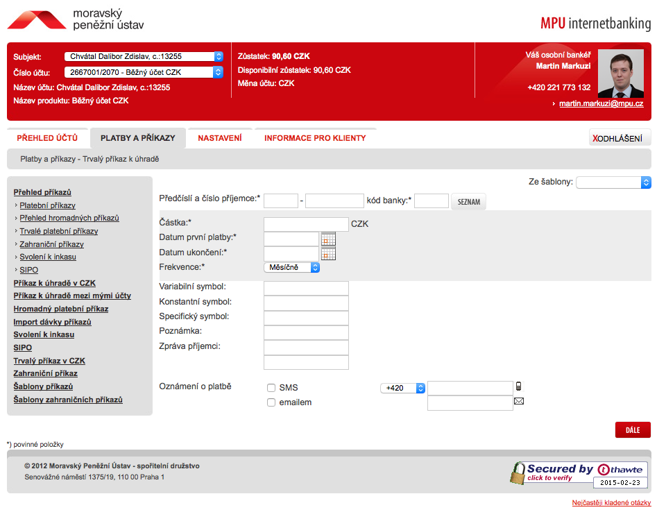 Moravský Peněžní ústav, spořitelní družstvo. Internetové bankovnictví. 25.02.2015