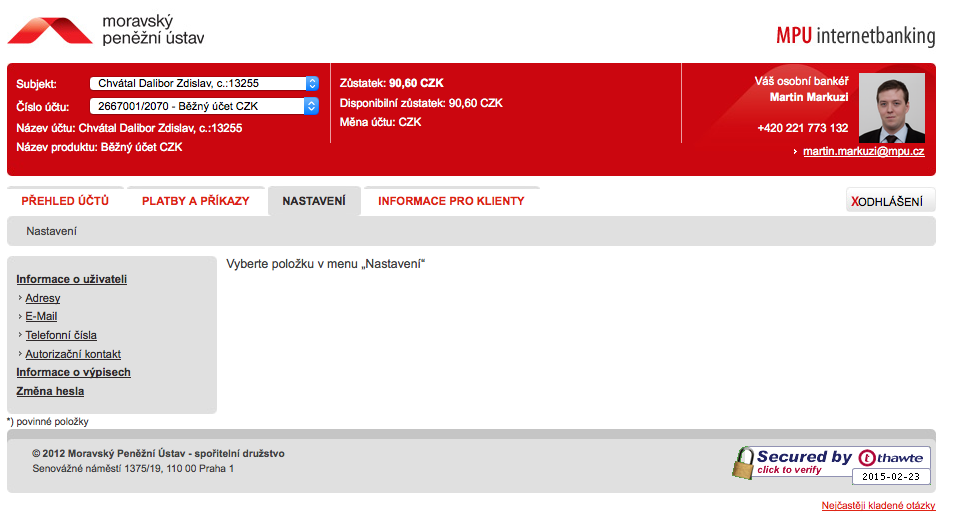 Moravský Peněžní ústav, spořitelní družstvo. Internetové bankovnictví. 25.02.2015