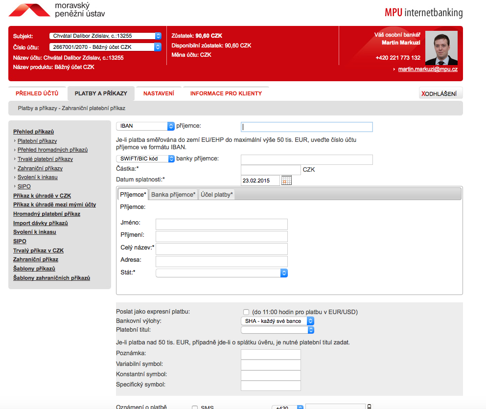Moravský Peněžní ústav, spořitelní družstvo. Internetové bankovnictví. 25.02.2015