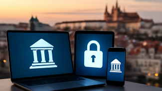 Tři digitální zařízení (notebook, tablet, smartphone) s ikonami symbolizujícími e-government a ochranu dat na pozadí Prahy při západu slunce.