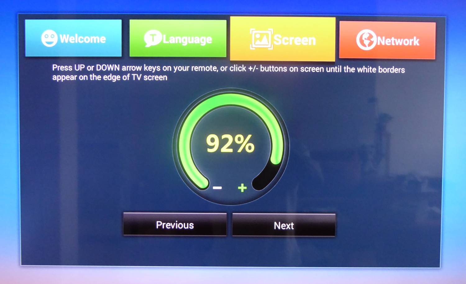 Nastavení, které se ukáže po úplném resetu boxu přímo v Androidu. „Kruhem“ upravujete plochu zobrazovanou na televizoru (zmenšujete či zvětšujete ji).