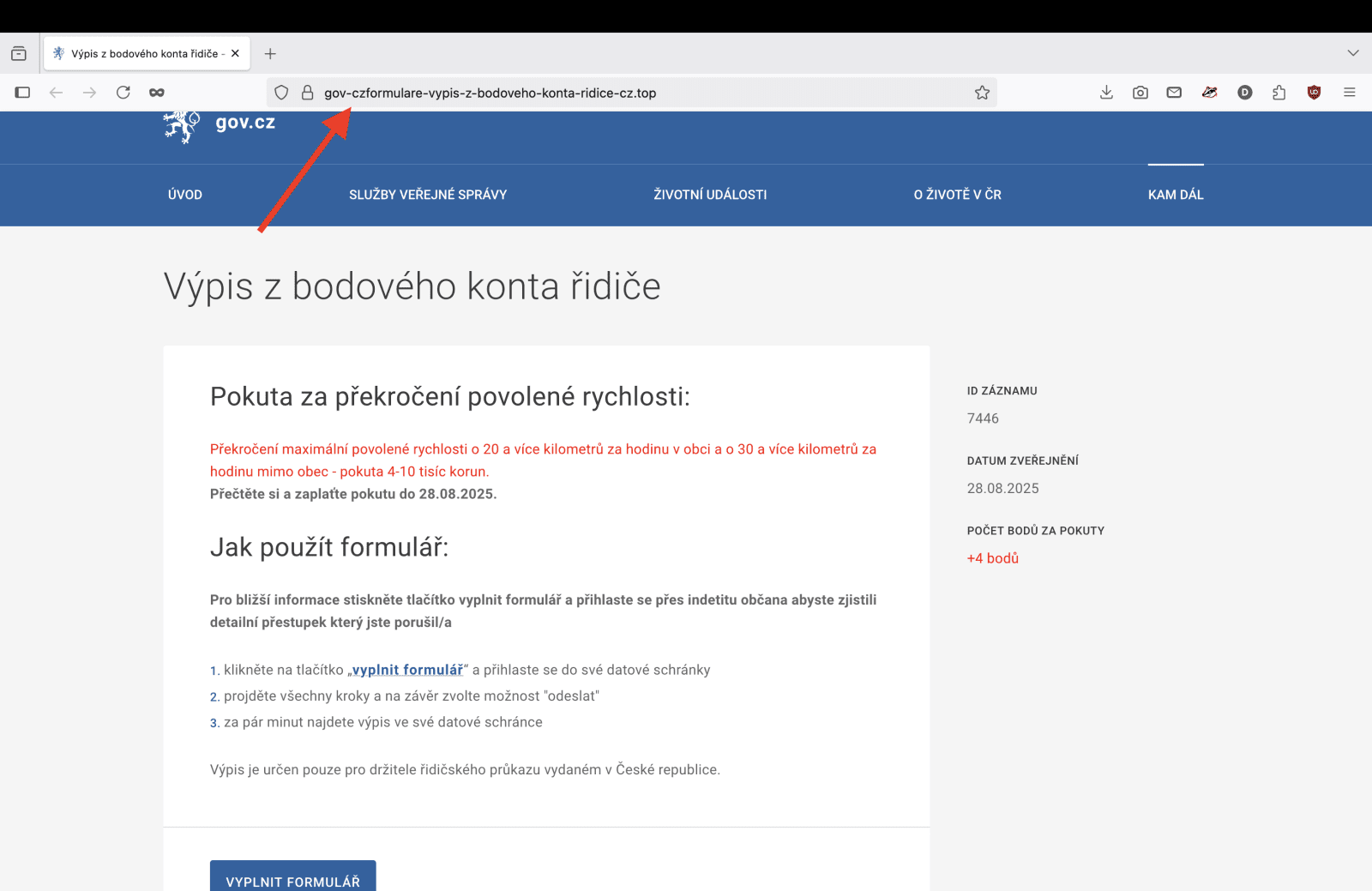 Podvodný web útočící na klienty českých bank pro zaplacení "pokuty za rychlost". (28. 08. 2025)