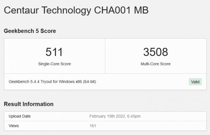 Geekbench 5 na procesoru Centaur CHA