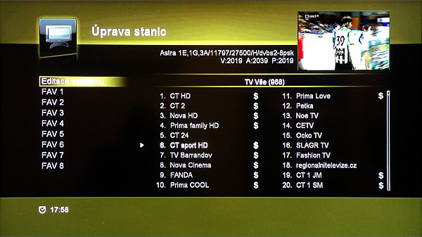 V menu "Úprava stanic" můžeme sledovat v pravém horním rohu zmenšený obraz zvolené stanice, což pomáhá při editaci kanálů a jejich řazení do favoritních skupin apod.
