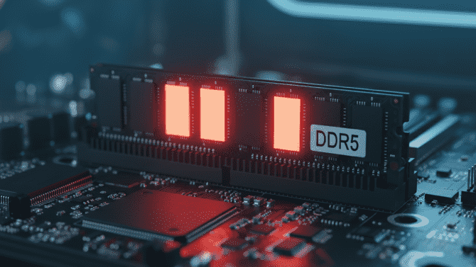 Detailní záběr na paměťový modul RAM na základní desce s prázdnými sloty v pozadí, symbolizující nedostatek komponent a strukturální změny na trhu s polovodiči popsané v analýze DC Byte.