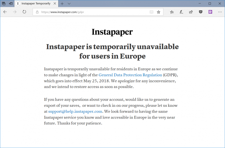 Instapaper zatím nefunguje v zemích Evropské unie