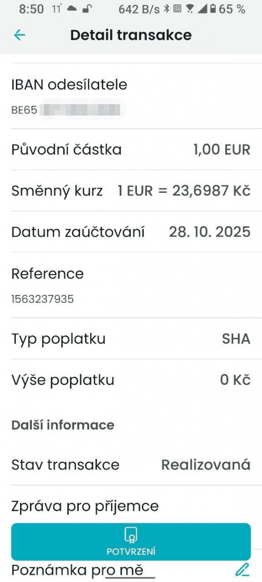Příchozí SEPA platba (EUR) na CZK účet do Partners Banky přes nový BIC PTBNCZPPXX.