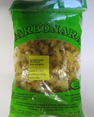 Salátové krutónky Carbonara, Mexiko a Česnekové. Kategorie: Nebezpečné potraviny. Nevyhovující parametr: vůně a chuť. Vůně výrobků byla výrazně nepříjemně žluklá, chuť žluklá a palčivá. Výrobky neměly prošlé datum minimální trvanlivosti. Distributor: ČESKÉ HOUBY - a.s., Soběslav. Země výroby: neznámá. Místo kontroly: Tesco Stores ČR a.s., Vysoké Mýto