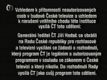 Statický titulek nahrazující vysílání České televize od 27. prosince 2000 v 19.15