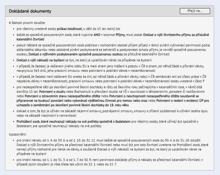 Ukázka on-line formuláře žádosti o příspěvek na bydlení