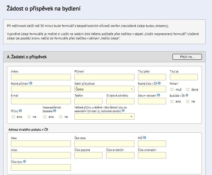 Ukázka on-line formuláře žádosti o příspěvek na bydlení