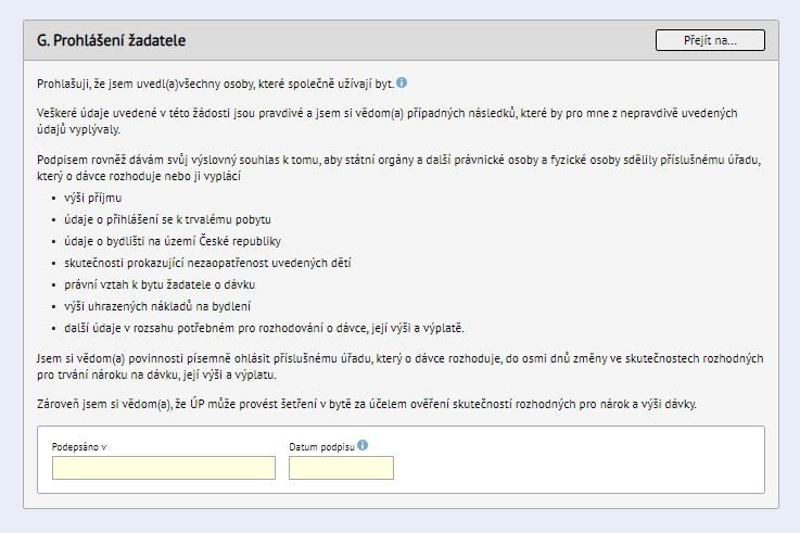 Ukázka on-line formuláře žádosti o příspěvek na bydlení