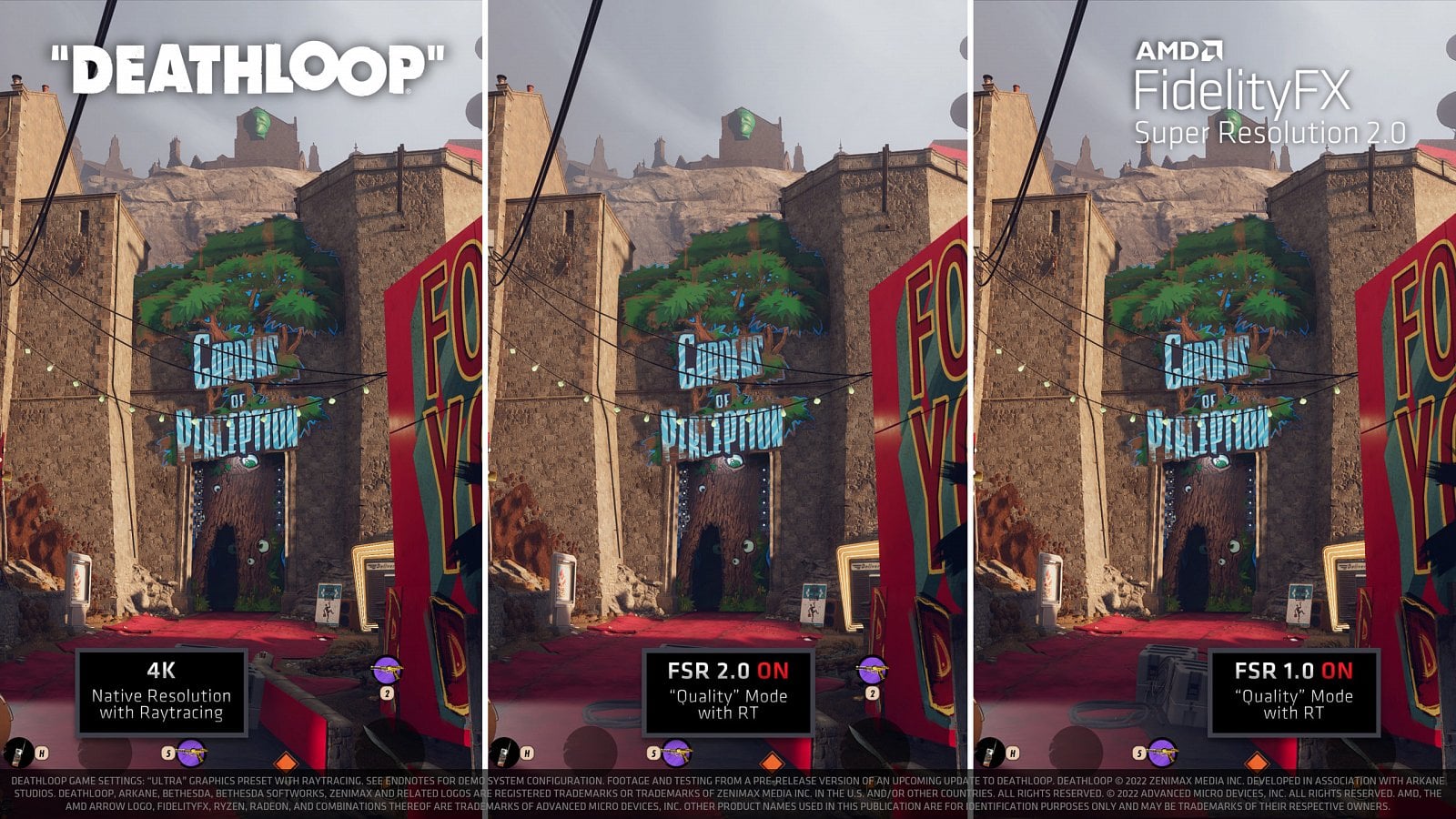Srovnání nativního obrazu, FSR 1.0 a FSR 2.0 ve hře Deathloop