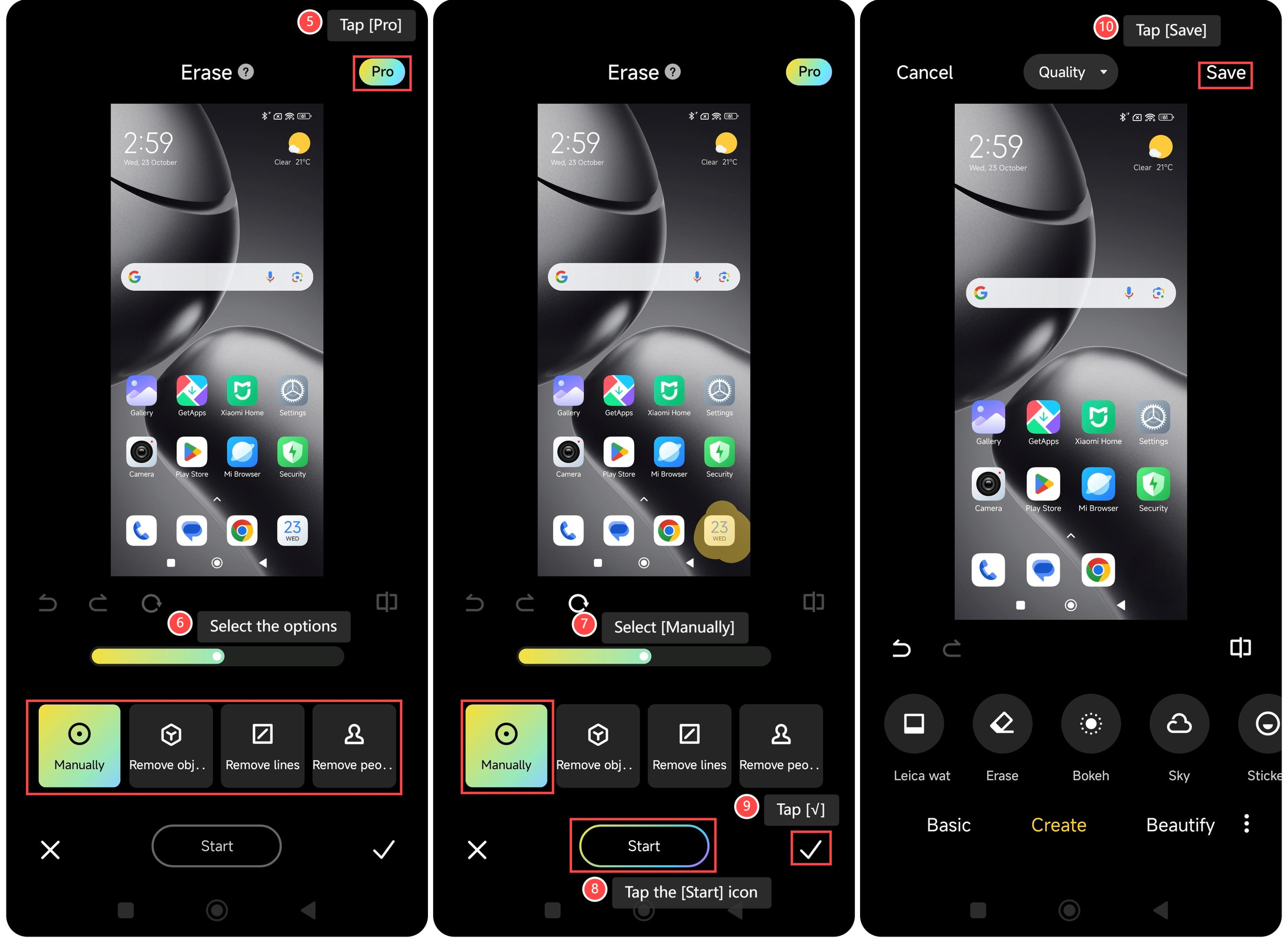 Tři kroky Xiaomi AI Erase Pro: zapnutí Pro, označení ikony kalendáře a snímek po jejím odstranění.