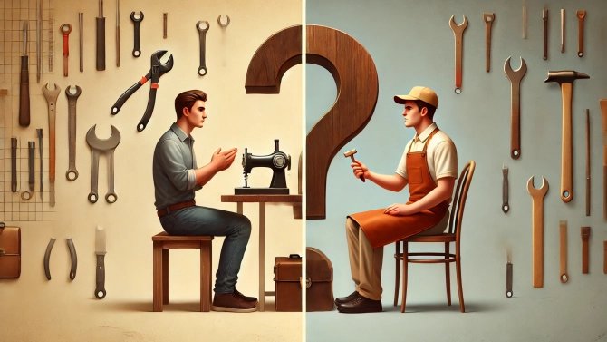 Řemeslník, který sedí naproti studentovi a mezi nimi je otazník.