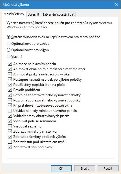 V dialogovém okně Možnosti výkonu můžete vypnout efekty, které mohou být častou příčinou zpomalení operačního systému Windows 10.