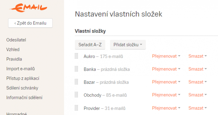 V nastavení Seznam Emailu je vidět počet zpráv ve složkách