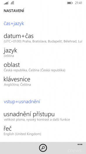 Poslední verze Windows Phone řadí položky nastavení do kategorií