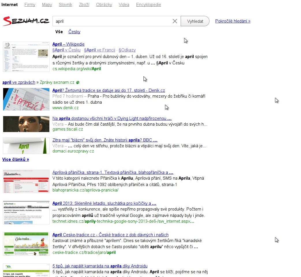 Pokud si na Seznamu necháte vyhledat heslo „apríl“, kurzor myši se radostí rozmnoží. Ovládat pak něco takového je docela oříšek.