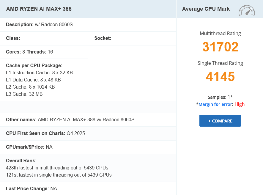 AMD Ryzen AI Max+ 388 v databázi PassMarku