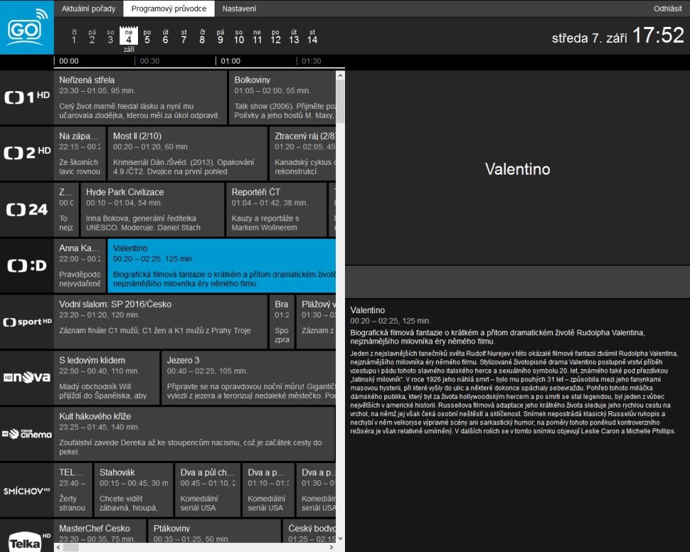 EPG - mimo možnost funkce Zpětného zhlédnutí. Pod náhledem už chybí tlačítko Play...