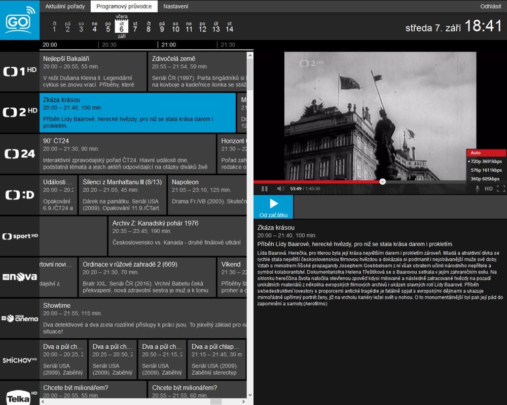 Zpětné zhlédnutí, přehrávání a možnost volby kvality.
