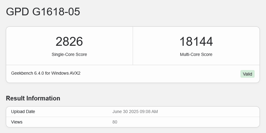 Prototyp zařízení GPD s procesorem AMD Strix Halo v Geekbench