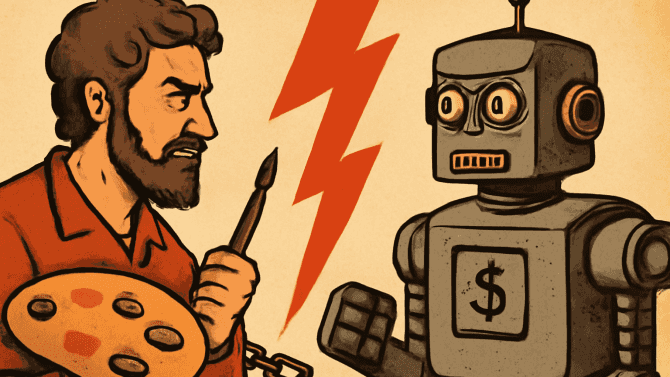 robot a rozčilující se umělec
