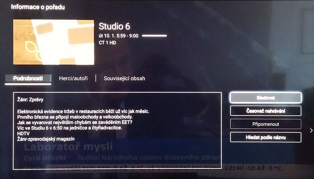 Nabídka po stlačení OK. Volba „Sledovat“ vás přepne na kanál. Bohužel to jde udělat jen na aktuálně vysílaném pořadu.