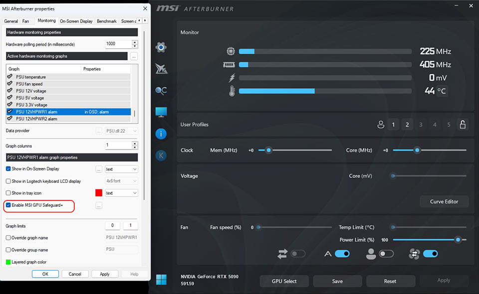 Zapnutí funkce GPU Safeguard Plus v MSI Afterburneru