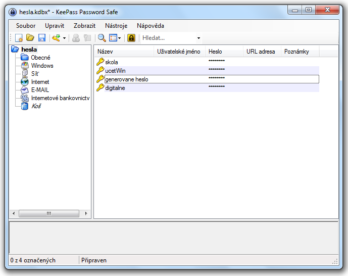 <p>Protředí aplikace KeePass - jednoduché, přehledné. Ryhle se zorientuje i nezkušený uživatel</p>