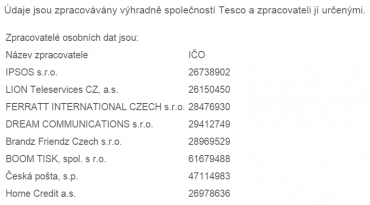 Výčet zpracovatelů údajů držitele Clubcard (k 8. 2. 2016)