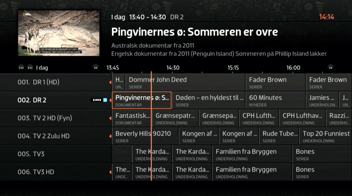 Hlavní menu, EPG, vlastní seznamy programů