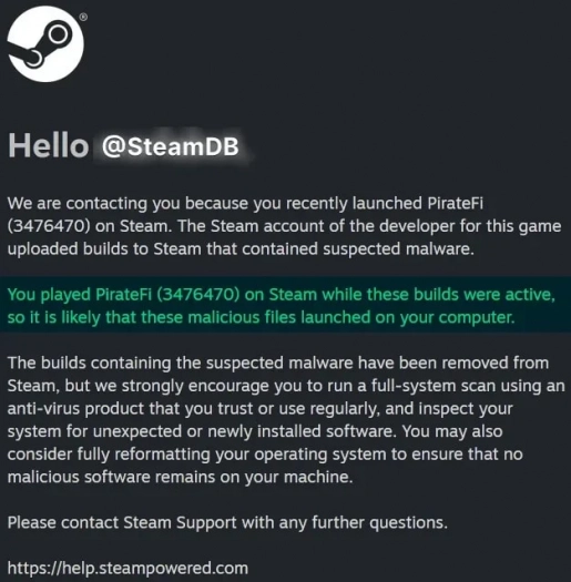 upozornění na Steamu ohledně malware