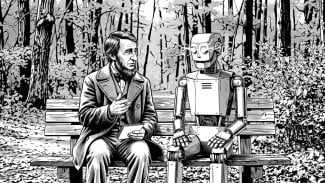 Henry David Thoreau na lavičce s robotem