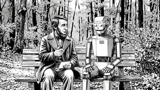 Henry David Thoreau na lavičce s robotem