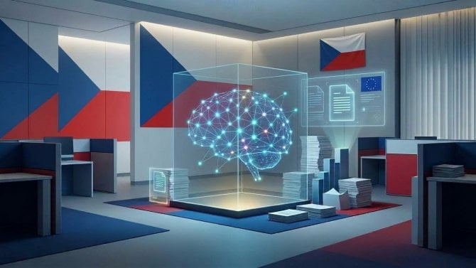 Ilustrace symbolizující regulaci umělé inteligence v České republice – digitální neuronová síť ohraničená skleněnou kostkou představující regulatorní sandbox, v pozadí abstraktní geometrické dokumenty odkazující na legislativu EU, v modré a šedé barevné paletě.