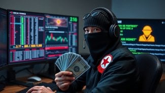 Severokórejský IT pracovník hackuje a analyzuje trh s kryptomenami, pričom drží v ruke peniaze.