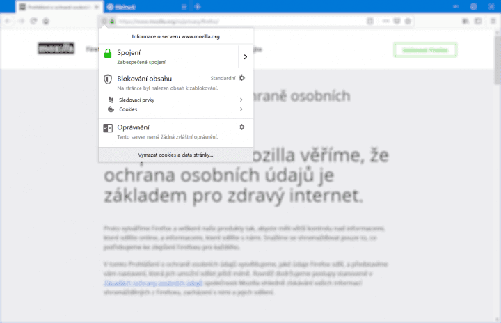 Upravena byla i podoba podoba dialogu pro správu stránky, kde vidíte i nastavení ochrany soukromí