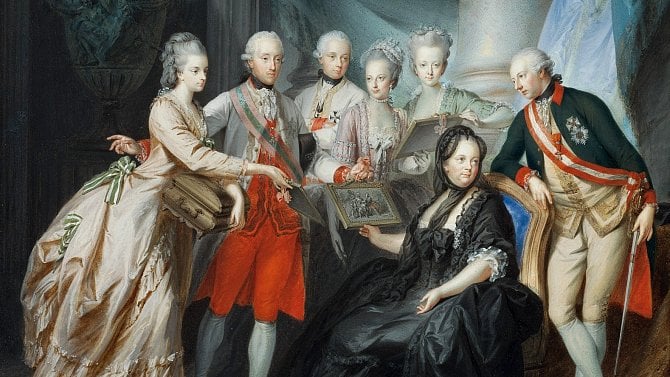 Marie Terezie s rodinou, zcela vpravo její syn Josef II.