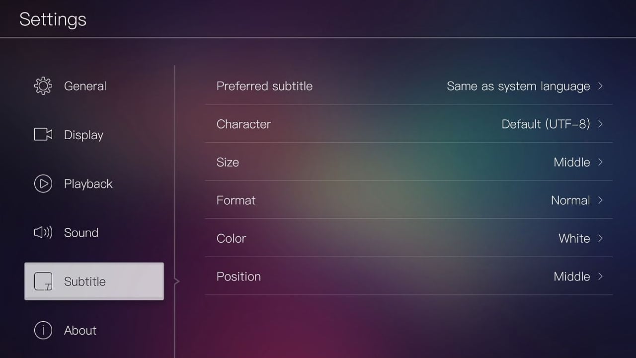 Egreat A10 - Menu nastavení – titulky a OTA/USB update