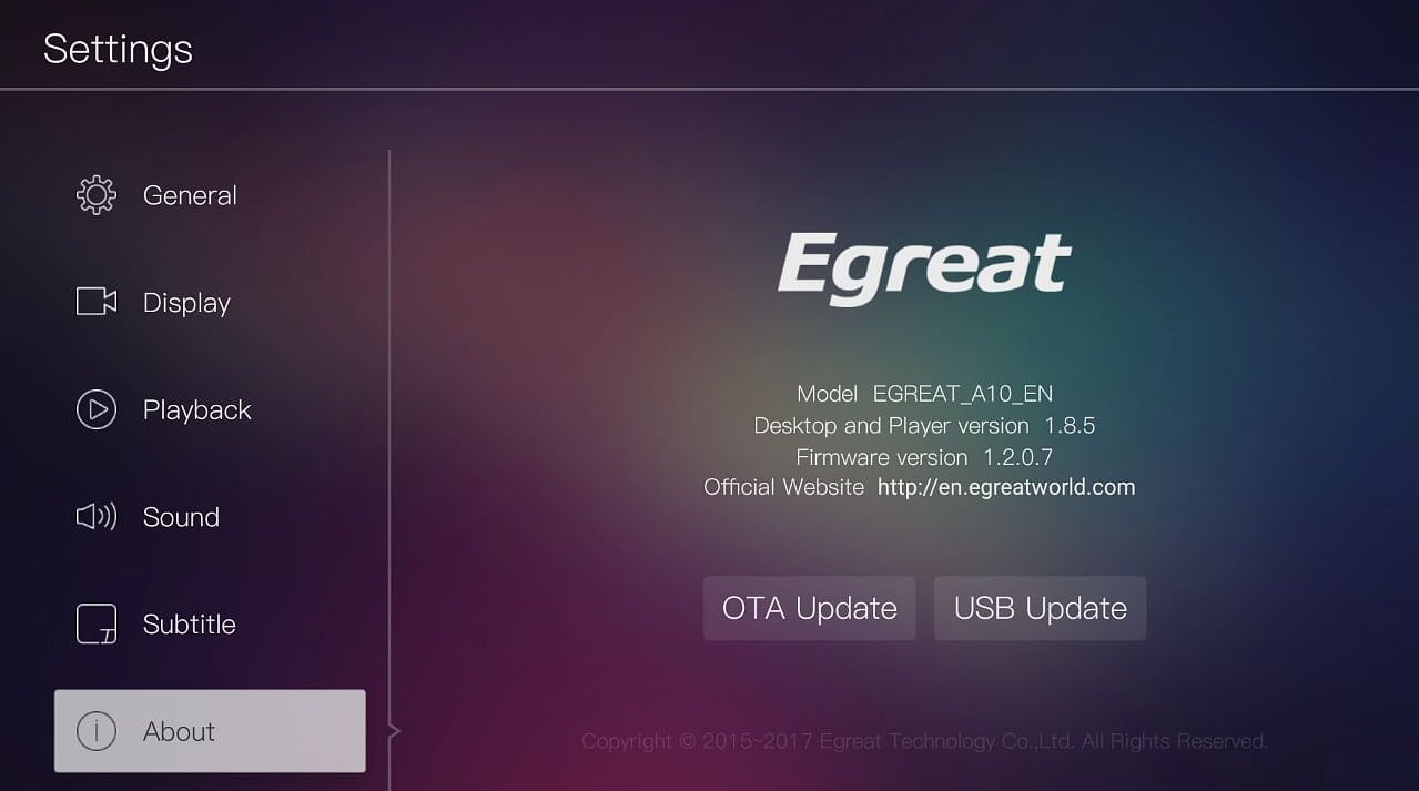 Egreat A10 - Menu nastavení – titulky a OTA/USB update