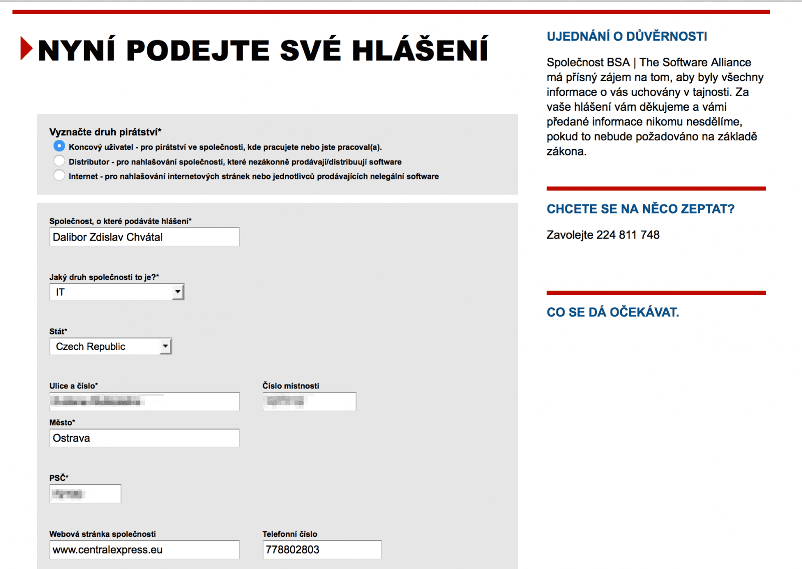Krok za krokem k podání hlášení nelegálního software.