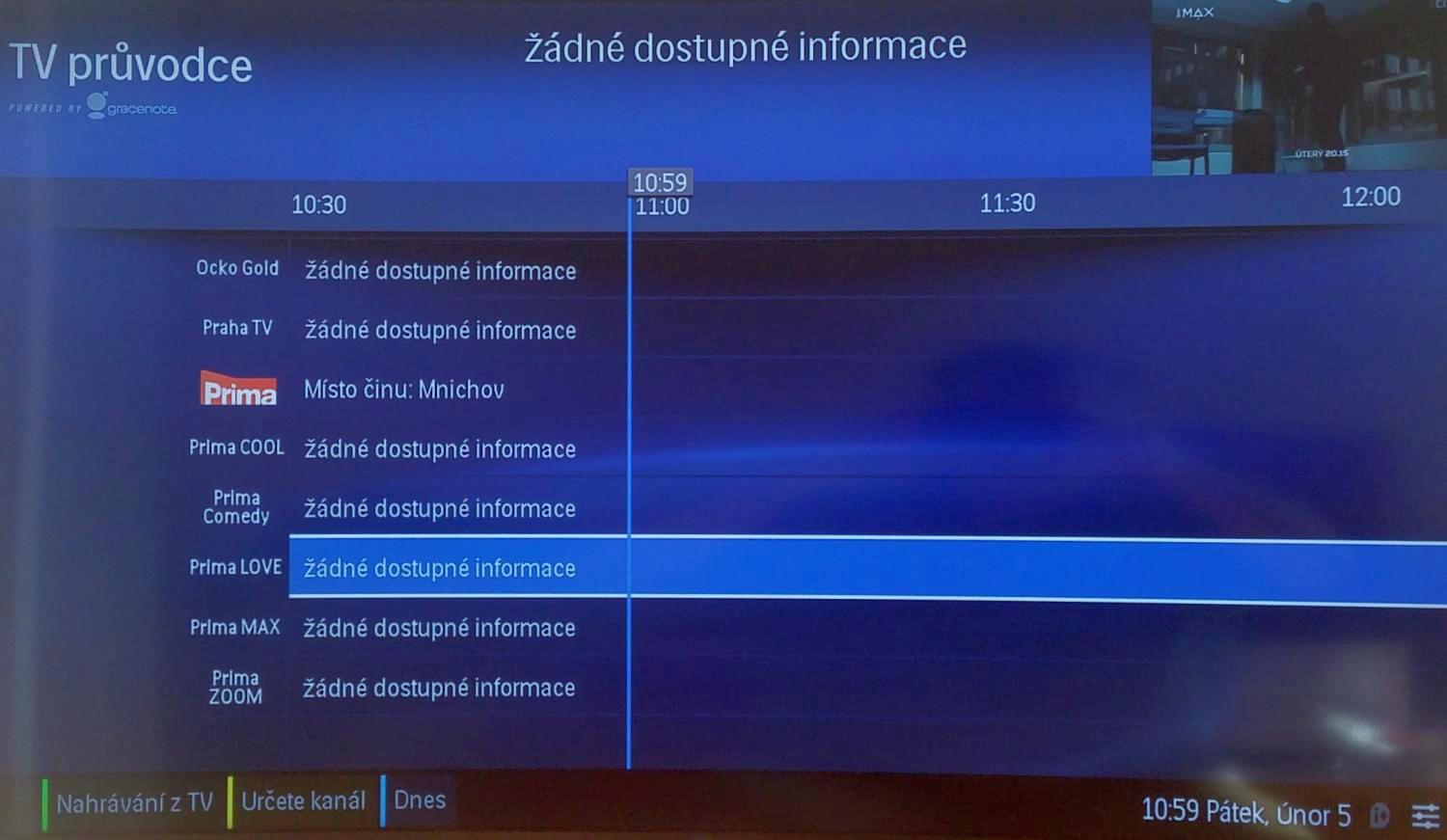 EPG z internetu – k dispozici je i obraz, ale jak vidíte, měl jsem potíže se zobrazením informací od jednotlivých stanic, které ne a ne naběhnout.