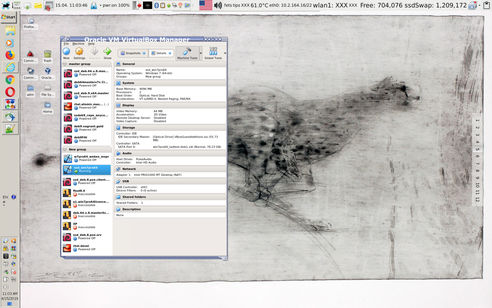 Debian, xfce4, vbox, woknous :)