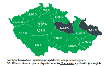 Počet občanů se závazkem po splatnosti dle jednotlivých krajů ČR.
