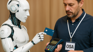 Robot platí kartou člověku s visačkou OSA.